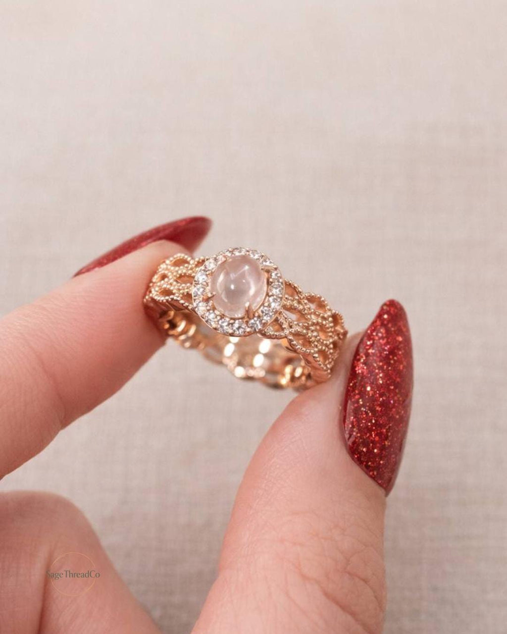 Moonstone Ring Silver-Plated – Vintage Filigree Rose Gold Oval Halo – Elegant Gift for Birthdays & Anniversaries