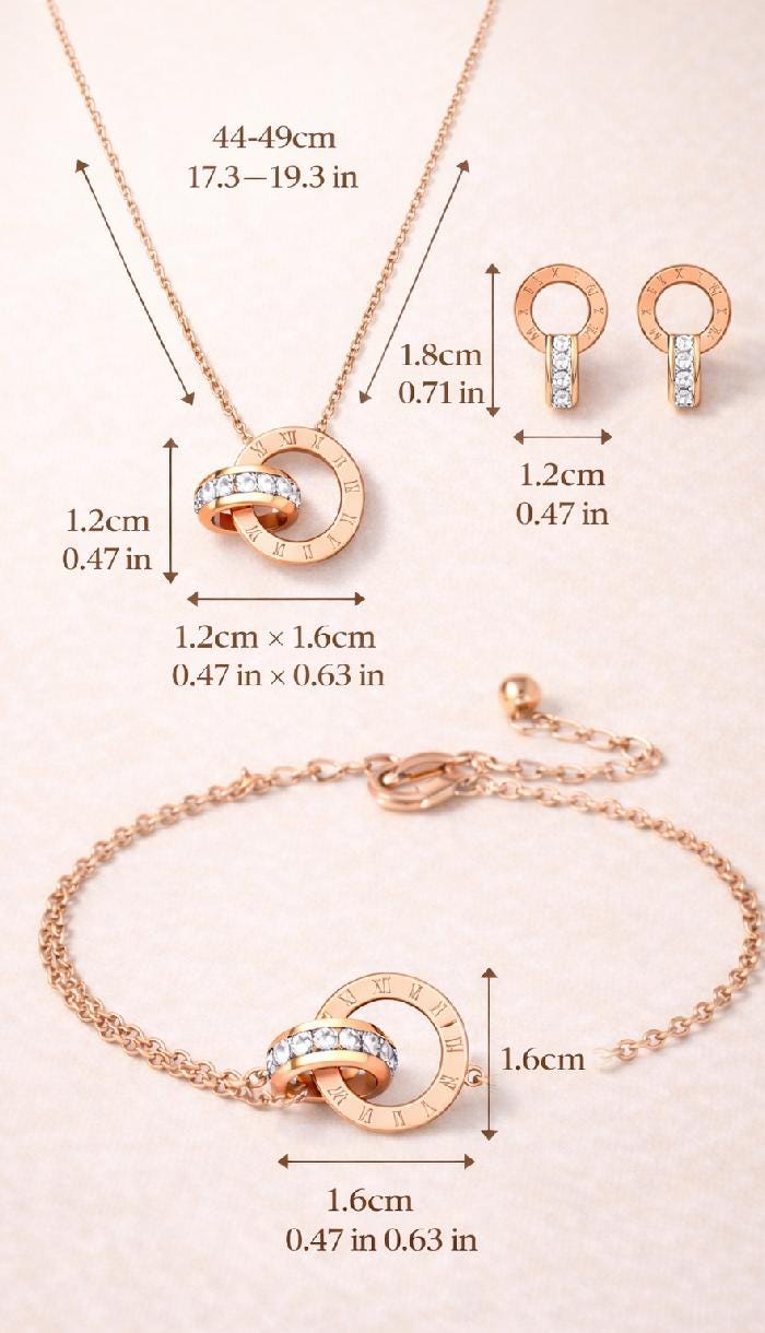 Rose Gold 18k Interlocking Ring Jewelry Set, Roman Numeral Crystal Pendant Necklace Bracelet Earrings