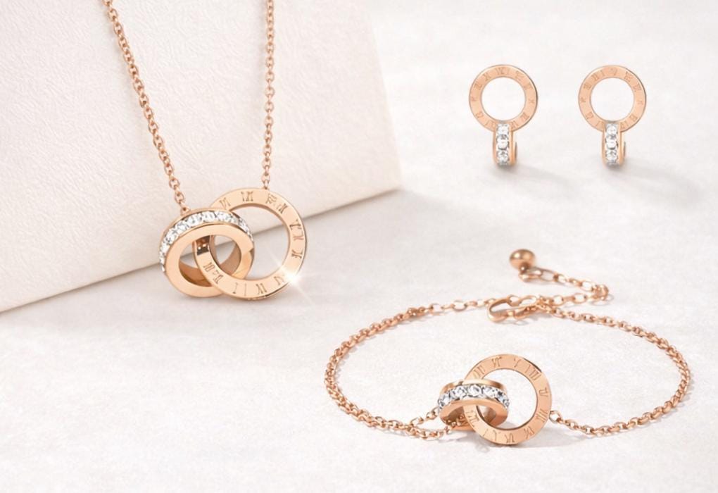 Rose Gold 18k Interlocking Ring Jewelry Set, Roman Numeral Crystal Pendant Necklace Bracelet Earrings
