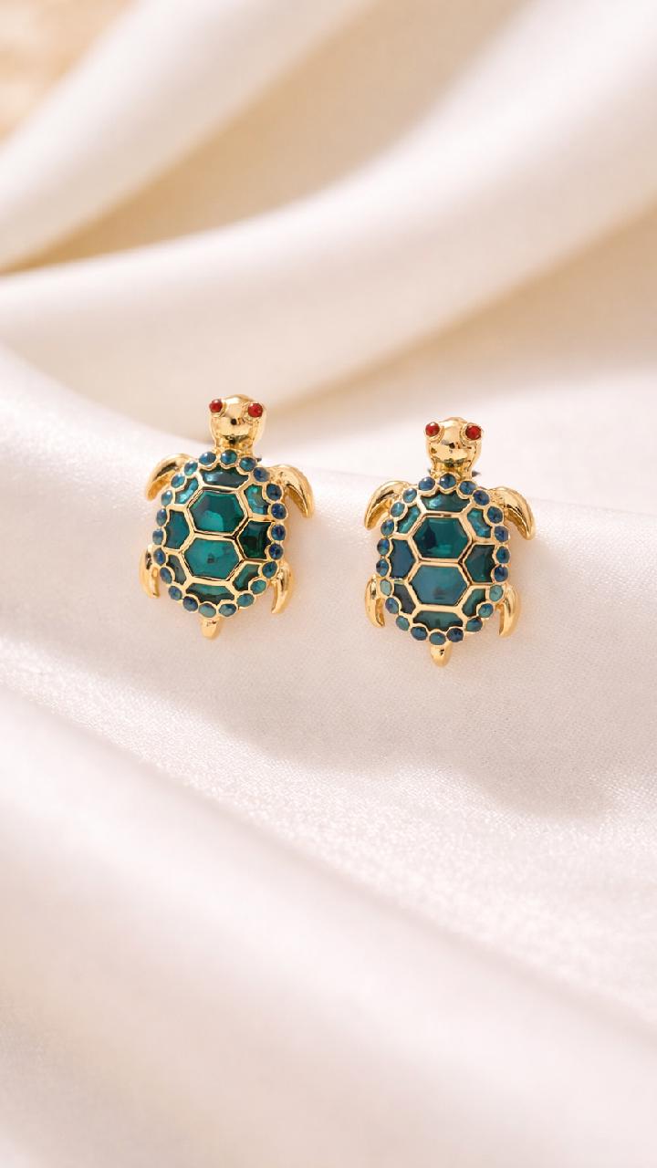 Gold Turtle Stud Earrings – Blue Crystal Shell, Vintage Animal Jewelry