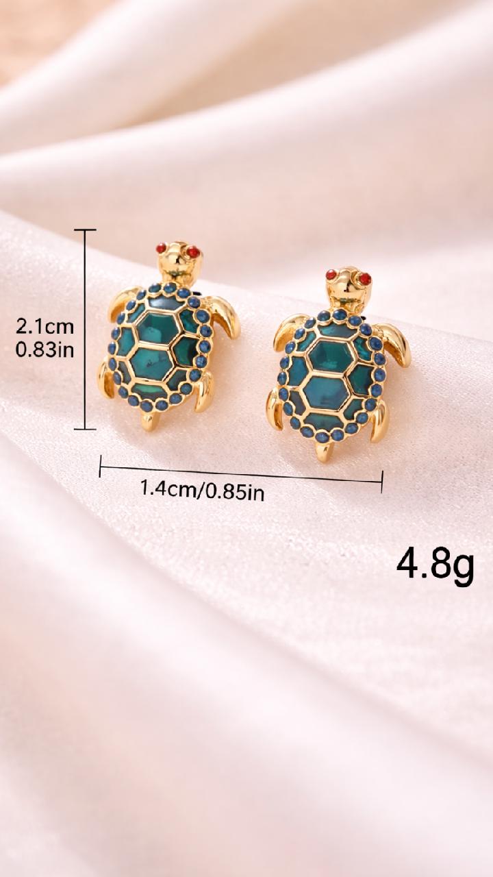 Gold Turtle Stud Earrings – Blue Crystal Shell, Vintage Animal Jewelry