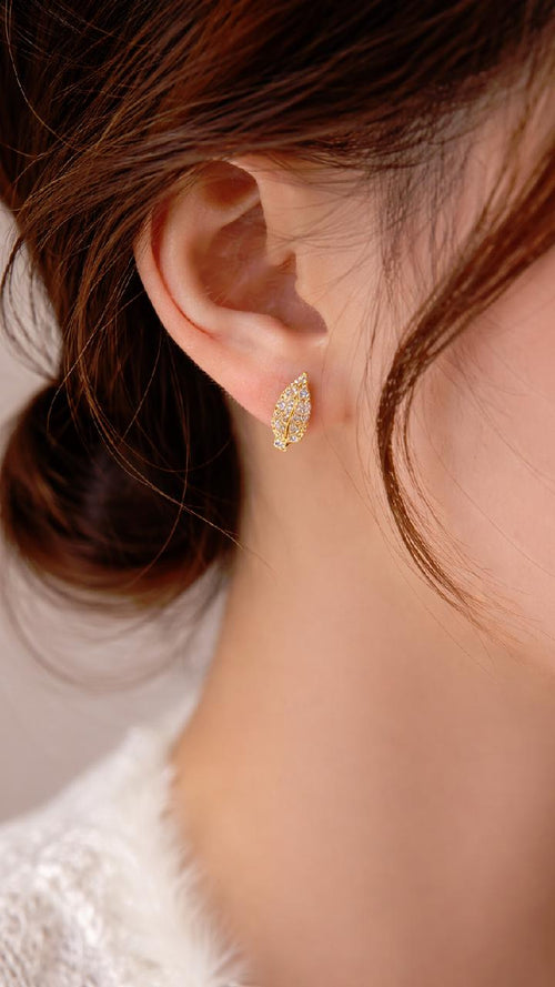 925 Sterling Silver Leaf Pavé CZ Huggie Earrings, Dainty Nature Hoops