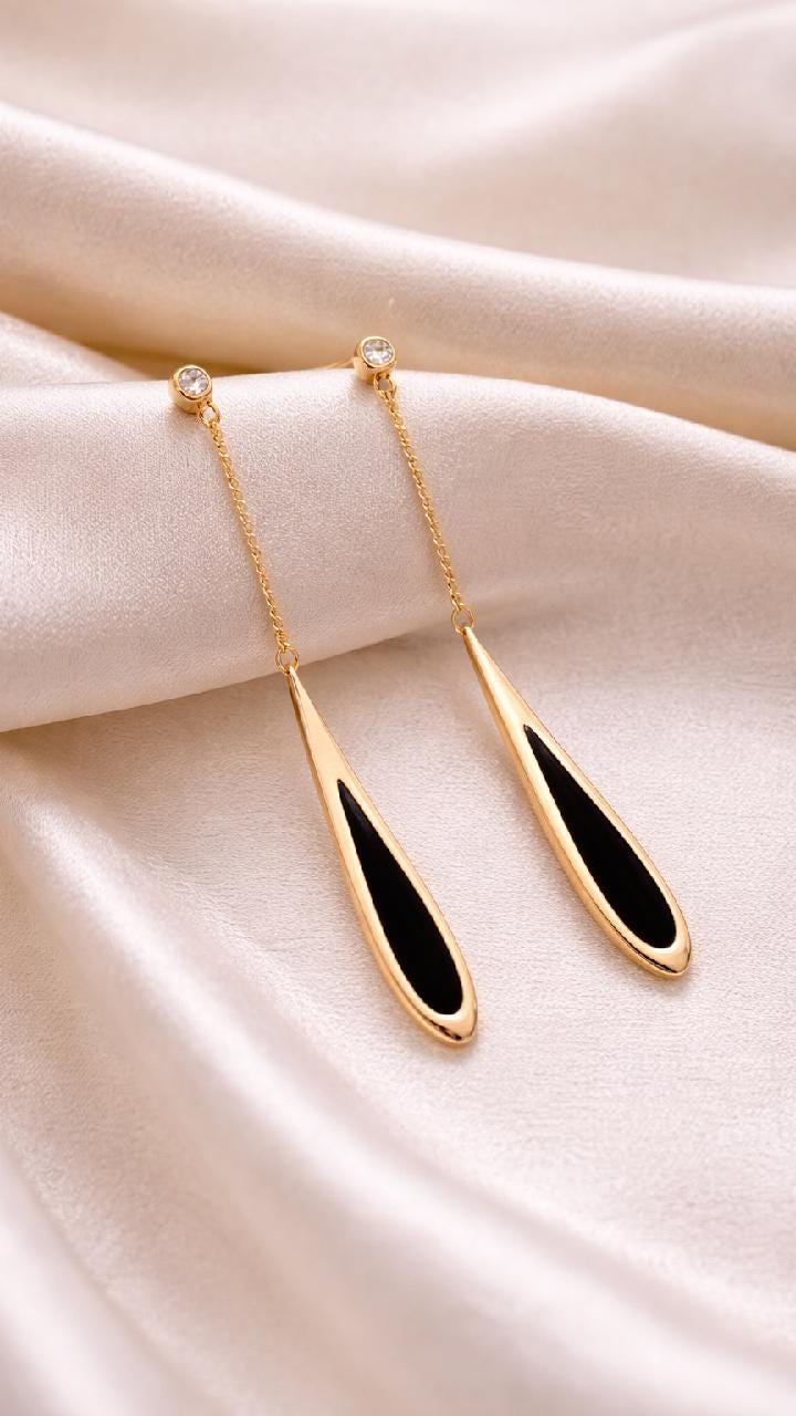 Black Teardrop Gold Chain Earrings, Minimalist Dangle Statement Jewelry