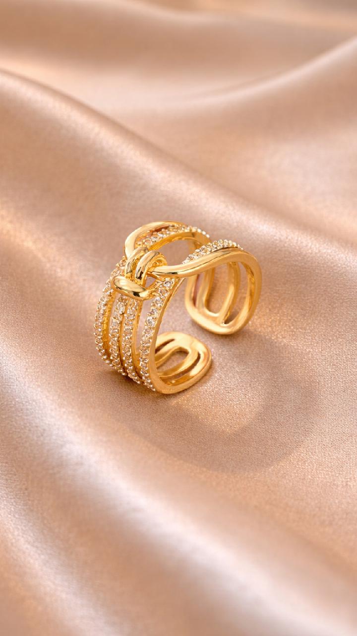 Gold Knot Ring, Multi-Layer Zircon Bands, Adjustable Statement Jewelry