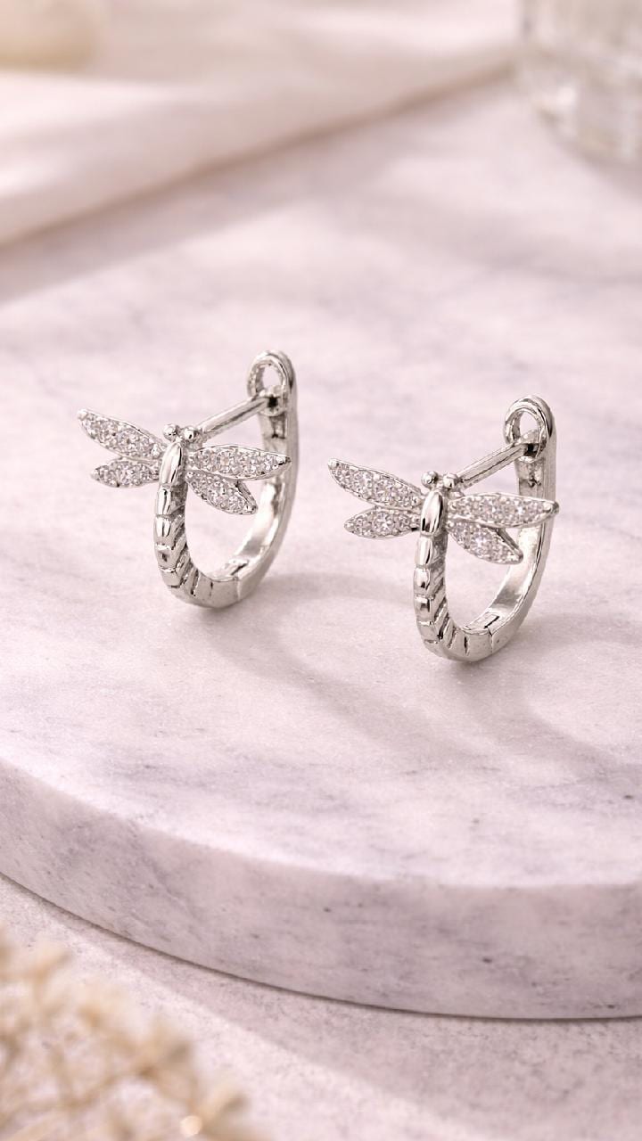 Gold Dragonfly Huggie Hoops, CZ Crystal Nature Earrings, Minimalist Women's Jewelry
