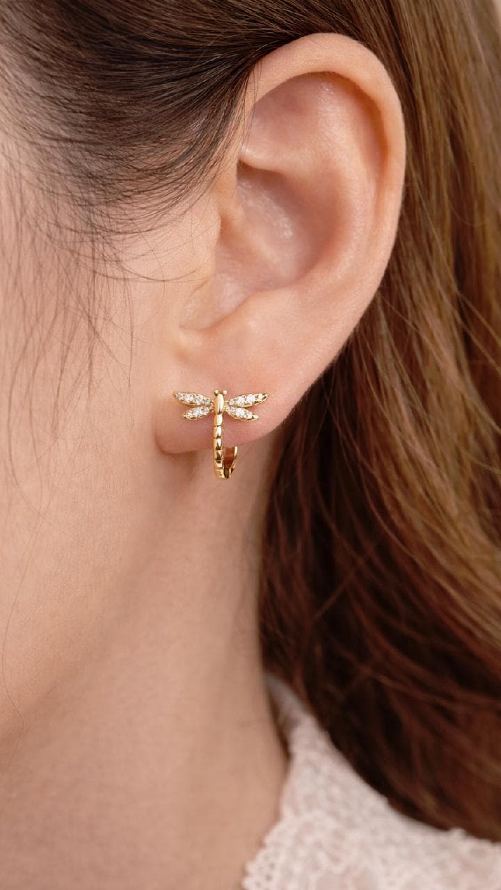Gold Dragonfly Huggie Hoops, CZ Crystal Nature Earrings, Minimalist Women's Jewelry
