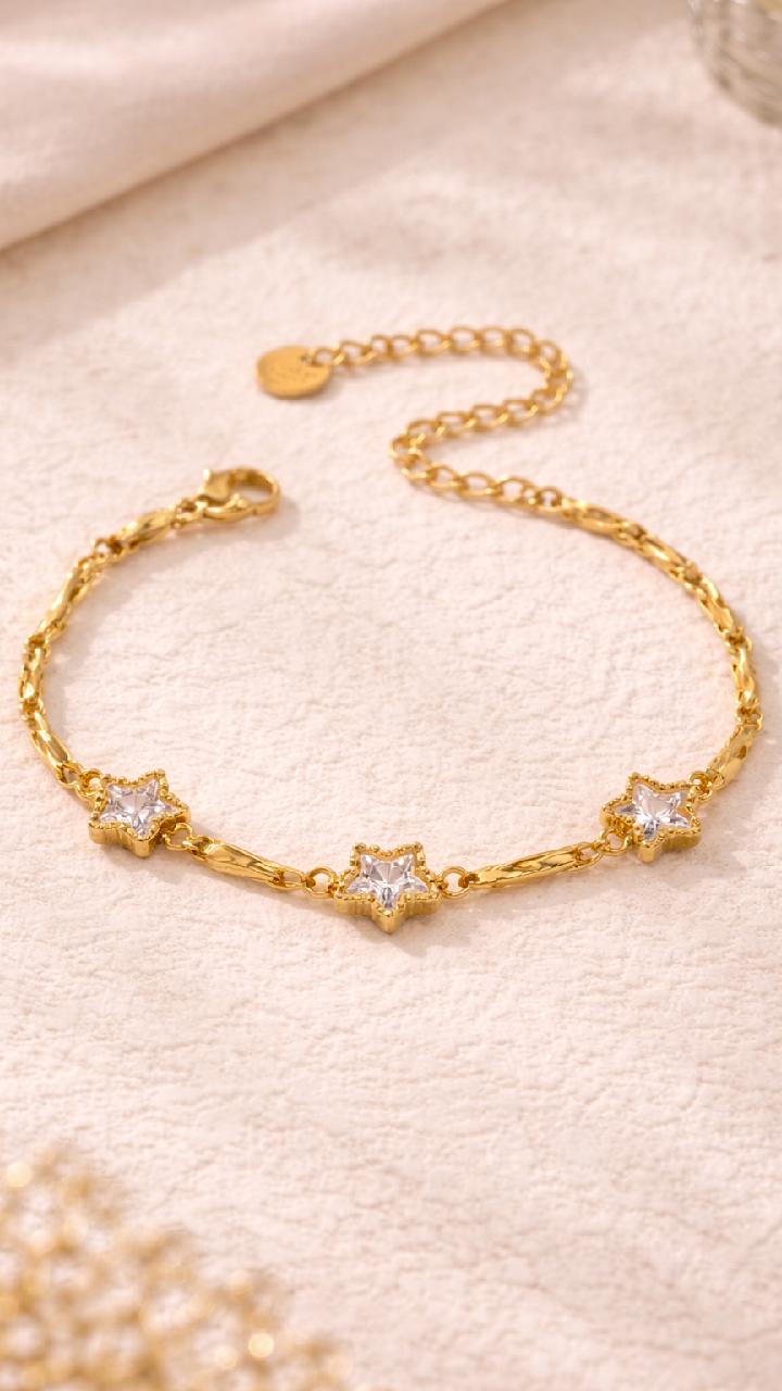 Gold Plated Charm Bracelet Set, Stainless Steel Dainty Chain, Color Gemstone Jewelry