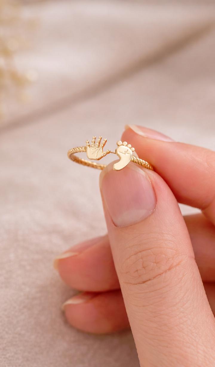 Baby Hand Footprint Ring Gold, Adjustable Motherhood Keepsake Jewelry