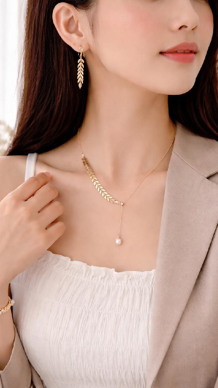 Elegant Pearl Jewelry Set, Gold or Silver Wheat Chain Necklace Bracelet Earrings