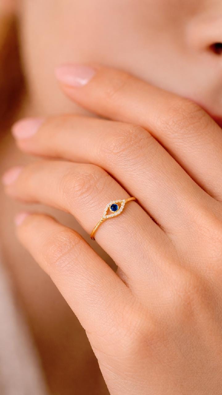 Gold Evil Eye Ring, Blue Crystal, 925 Sterling Silver, Adjustable Stacking Ring, Protection Jewelry