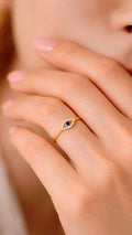 Gold Evil Eye Ring, Blue Crystal, 925 Sterling Silver, Adjustable Stacking Ring, Protection Jewelry