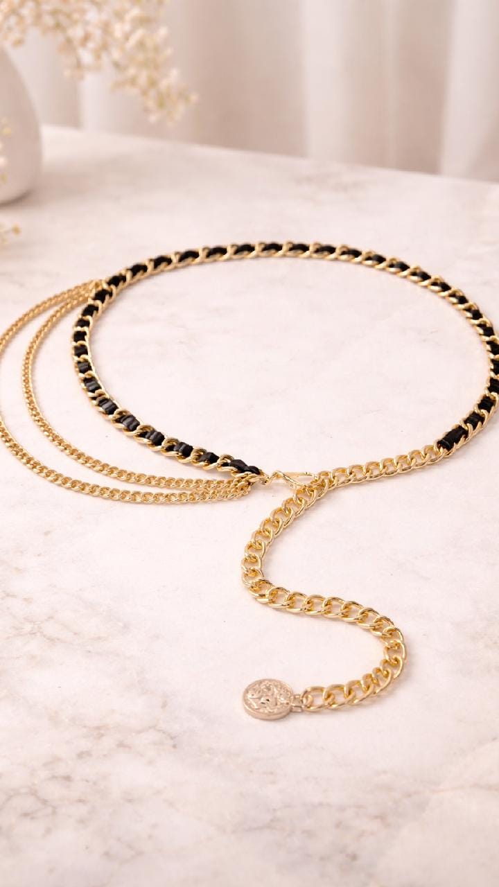 Layered Gold Chain Waist Belt, PU Leather Detail, Adjustable Body Jewelry