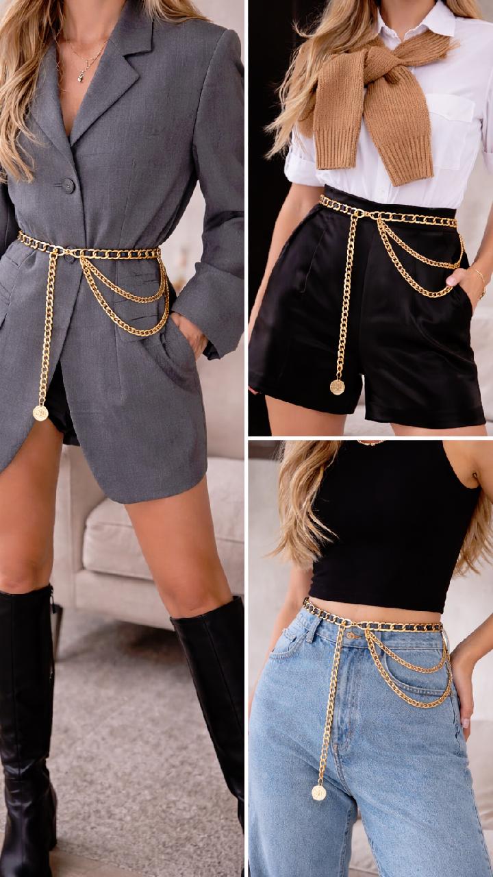Layered Gold Chain Waist Belt, PU Leather Detail, Adjustable Body Jewelry
