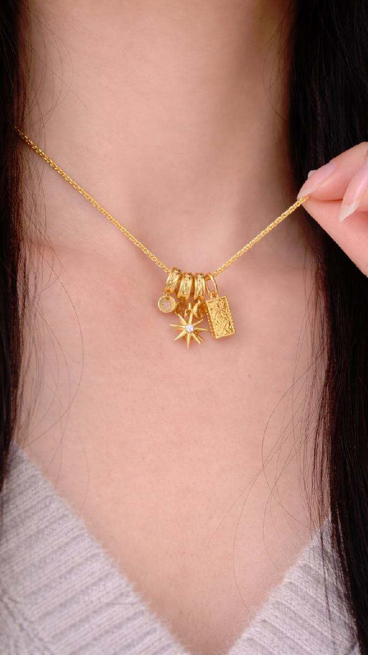 Gold Celestial Charm Necklace, Sun Moon Star Pendant, Vintage Layered Jewelry