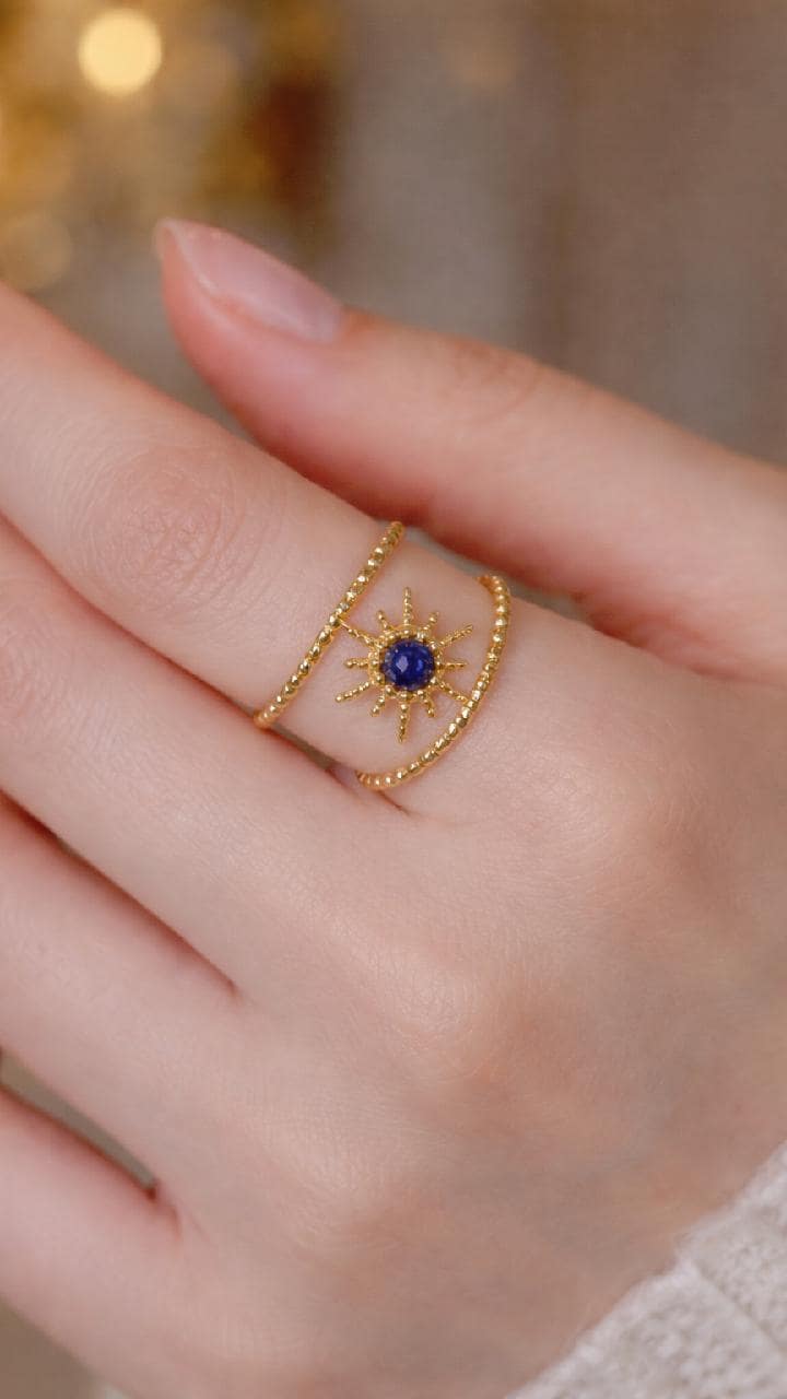 Gold Boho Celestial Ring Set, Sun Star Turquoise Green Stone Stackable Adjustable