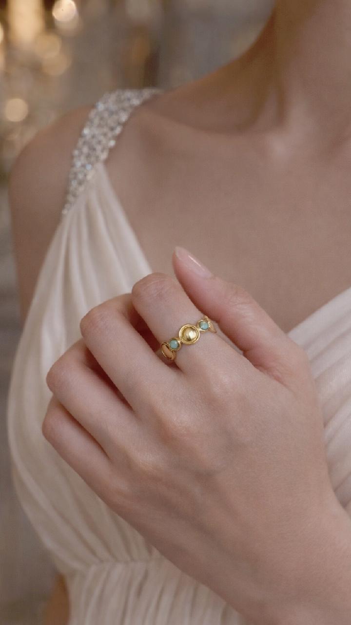 Gold Boho Celestial Ring Set, Sun Star Turquoise Green Stone Stackable Adjustable