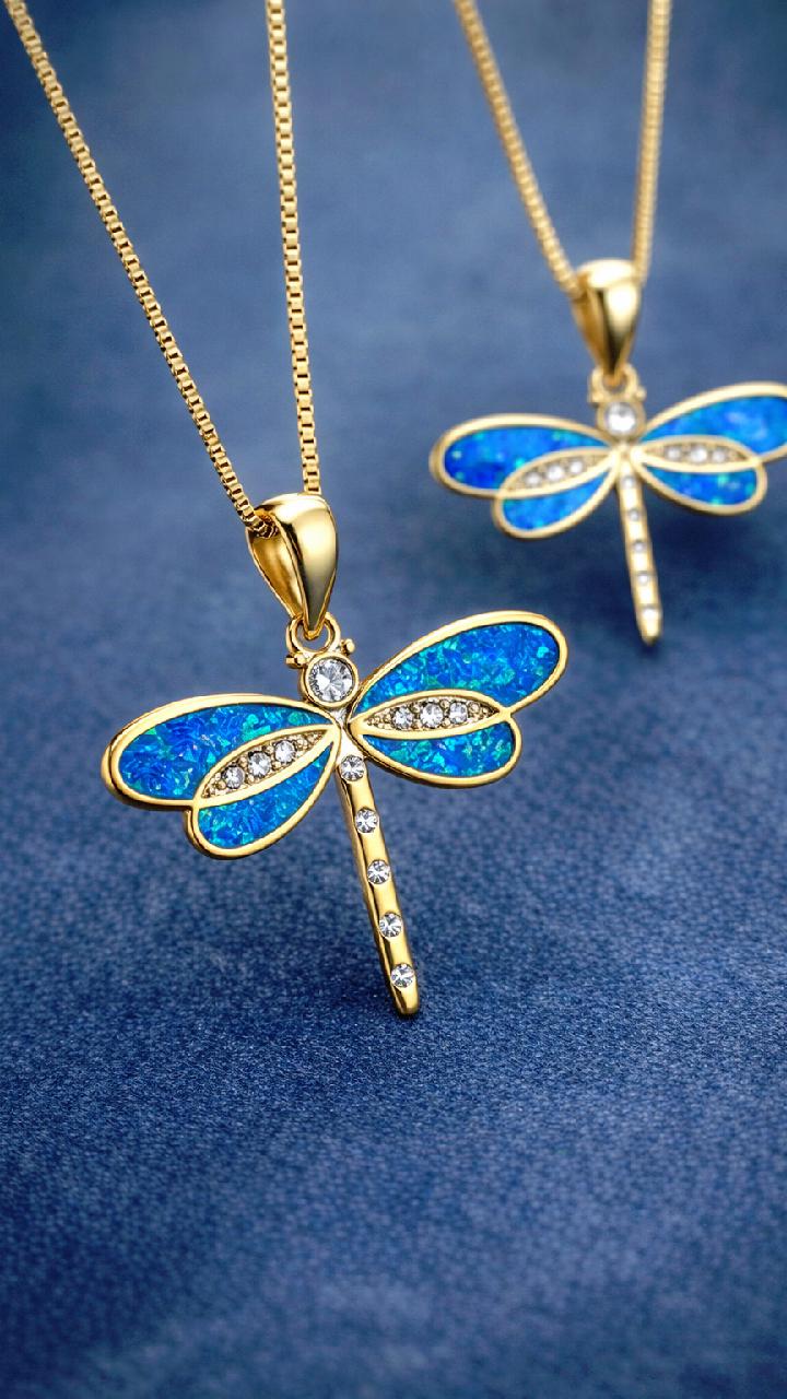 Gold Dragonfly Necklace, Blue Opal Pendant, Minimalist Insect Jewelry, Dainty Chain