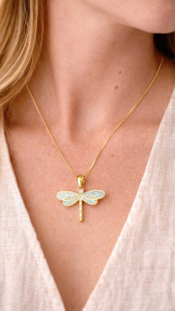 Gold Dragonfly Necklace, Blue Opal Pendant, Minimalist Insect Jewelry, Dainty Chain