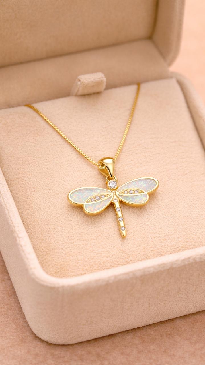 Gold Dragonfly Necklace, Blue Opal Pendant, Minimalist Insect Jewelry, Dainty Chain
