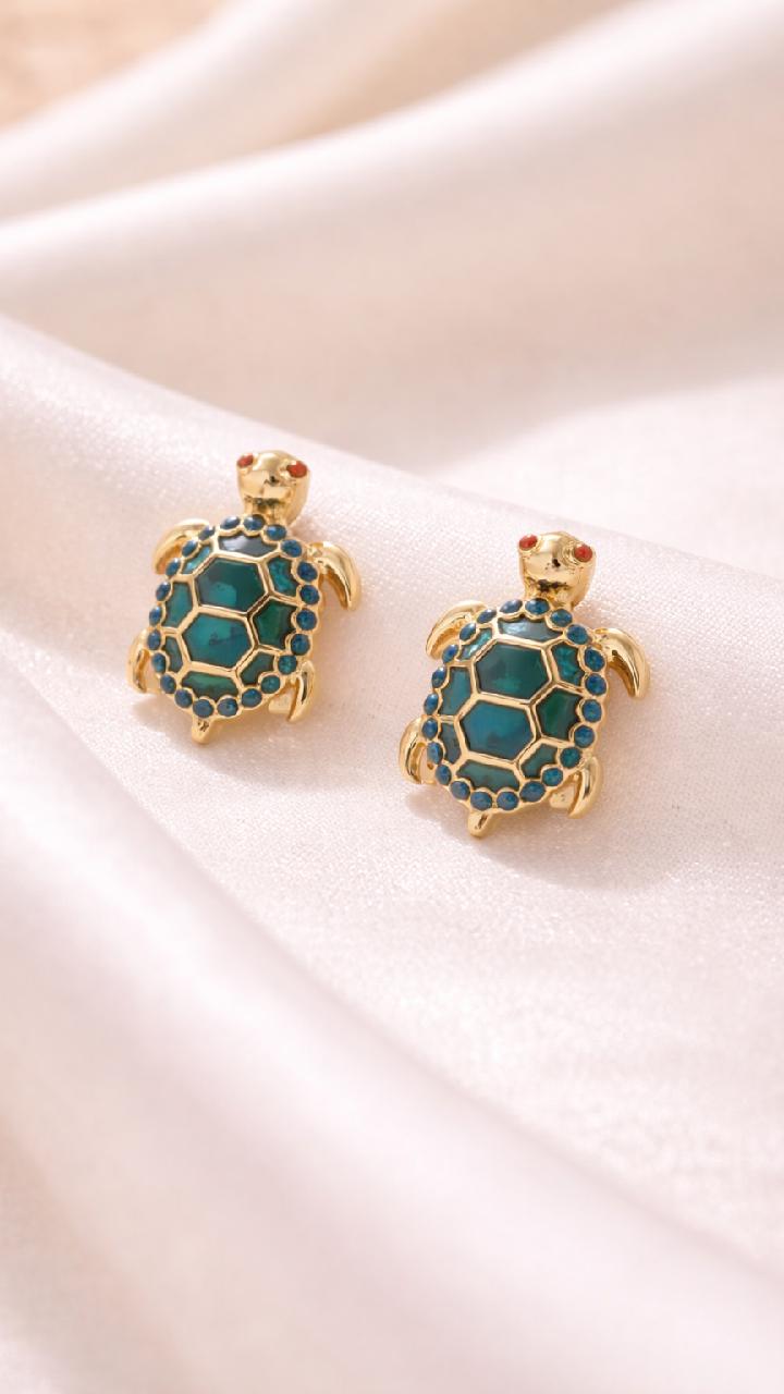 Gold Turtle Stud Earrings – Blue Crystal Shell, Vintage Animal Jewelry