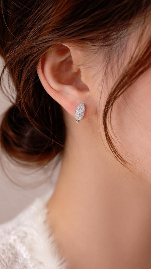 925 Sterling Silver Leaf Pavé CZ Huggie Earrings, Dainty Nature Hoops