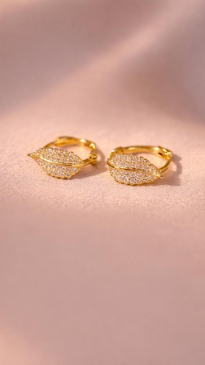 925 Sterling Silver Leaf Pavé CZ Huggie Earrings, Dainty Nature Hoops