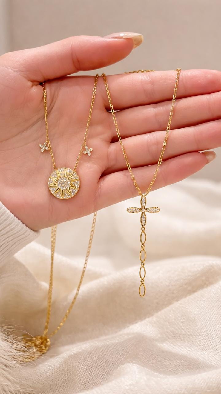 Layered Gold Necklace Set, Sun Medallion Lariat Cross, Minimalist Jewelry