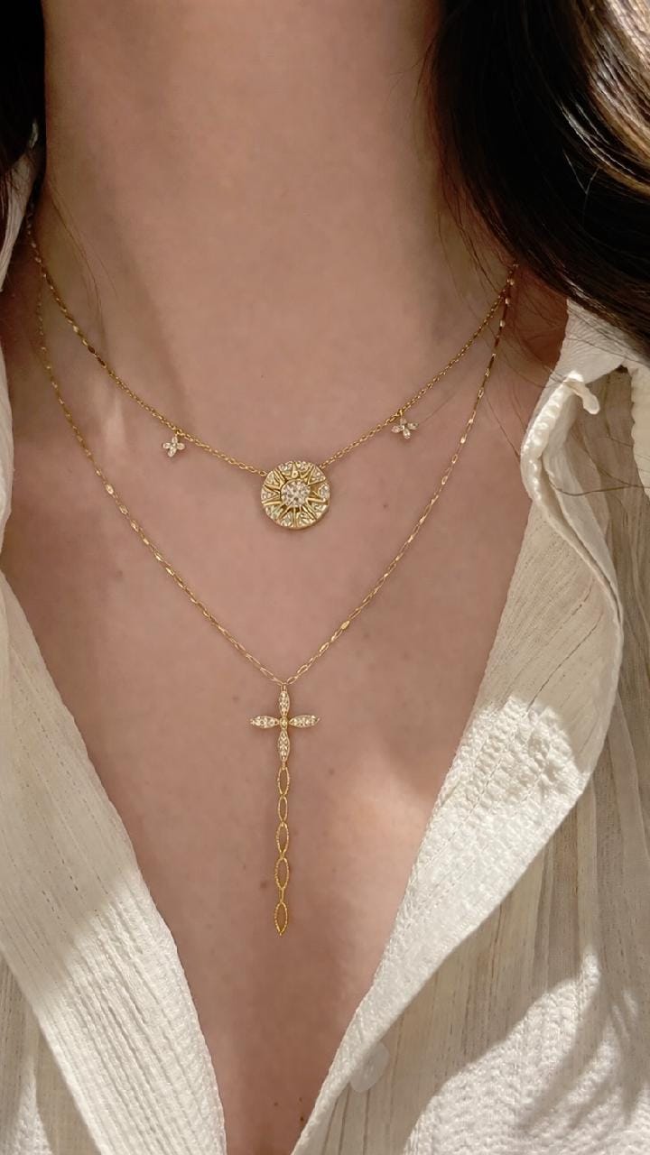 Layered Gold Necklace Set, Sun Medallion Lariat Cross, Minimalist Jewelry