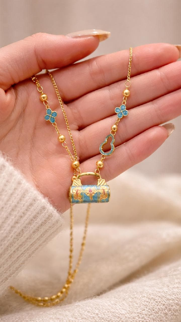 Vintage Chinese Enamel Lock Necklace | Gold Cloisonné Oriental Charm Pendant