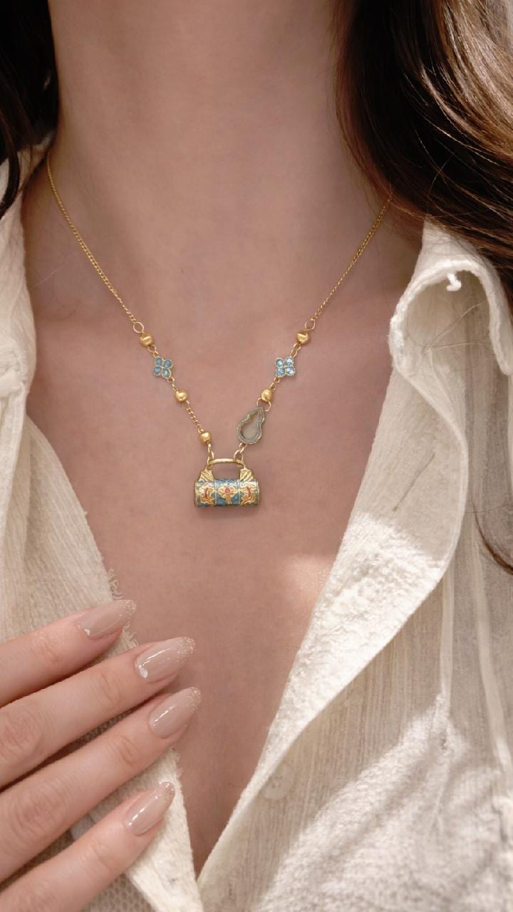 Vintage Chinese Enamel Lock Necklace | Gold Cloisonné Oriental Charm Pendant