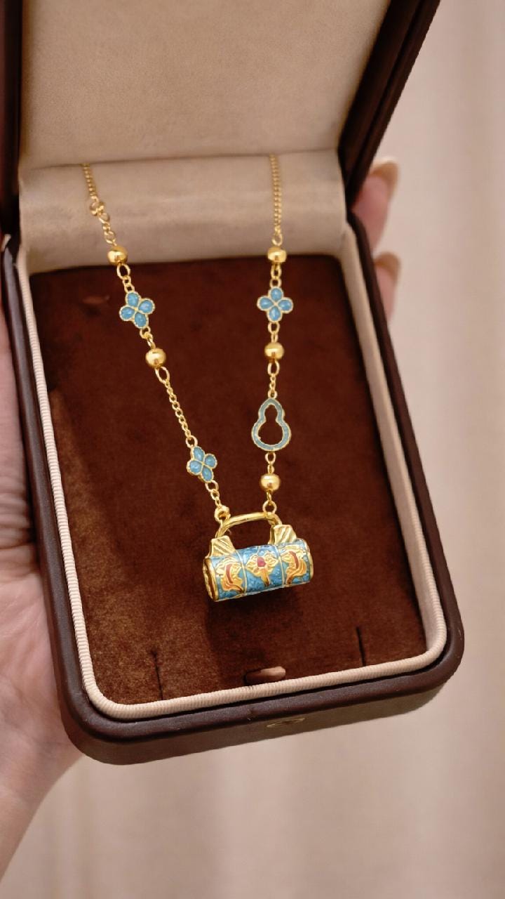 Vintage Chinese Enamel Lock Necklace | Gold Cloisonné Oriental Charm Pendant