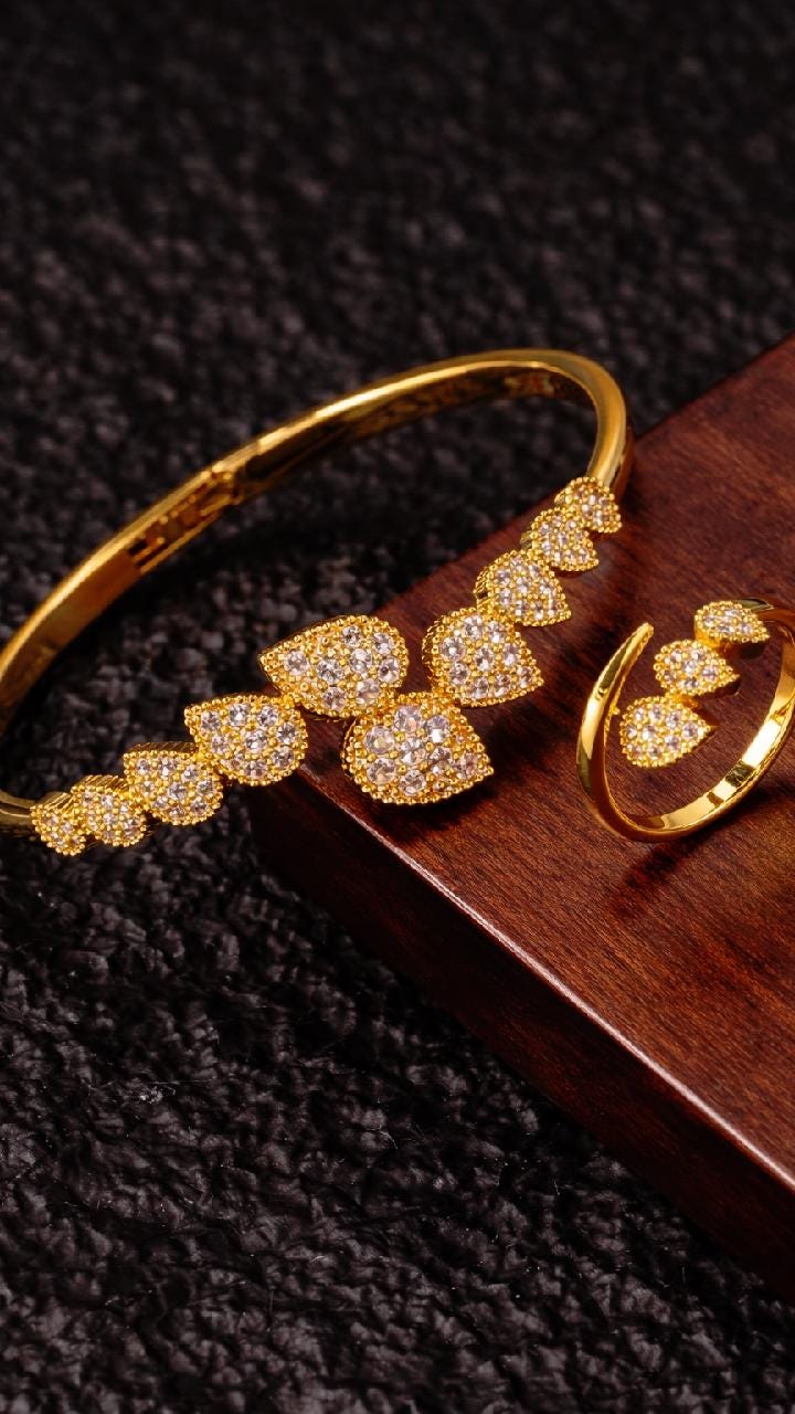 Teardrop Crystal Bracelet and Ring Set, Gold Silver Plated Jewelry, Adjustable Bangle, Bridal Gift