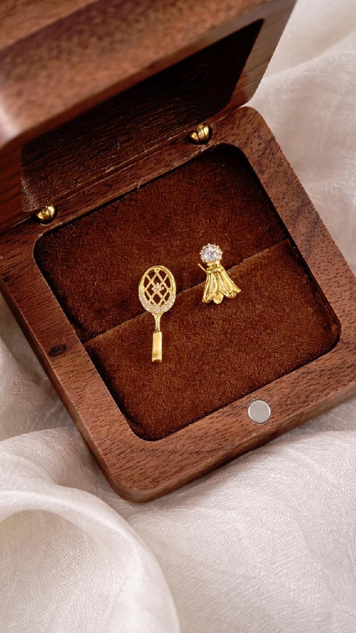 Gold Badminton Racket Shuttlecock Mismatched Stud Earrings | Sports Jewelry