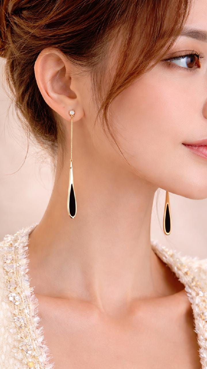 Black Teardrop Gold Chain Earrings, Minimalist Dangle Statement Jewelry