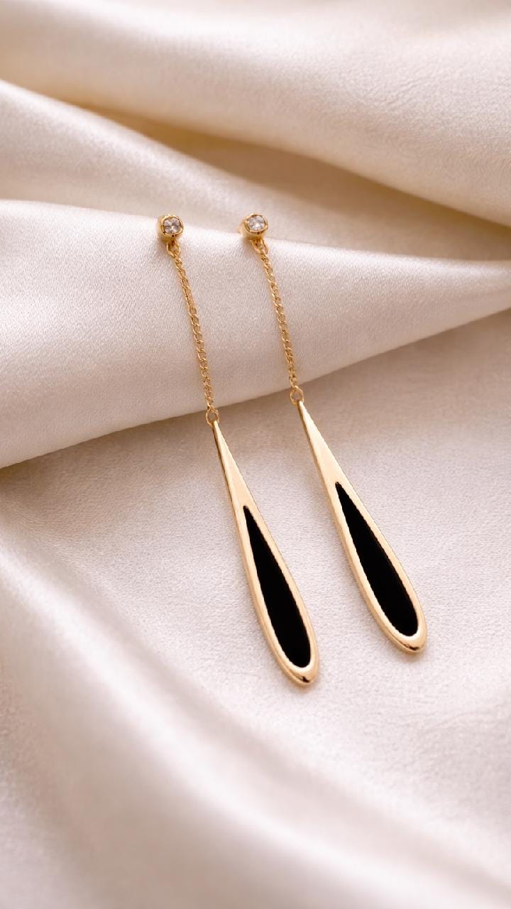 Black Teardrop Gold Chain Earrings, Minimalist Dangle Statement Jewelry
