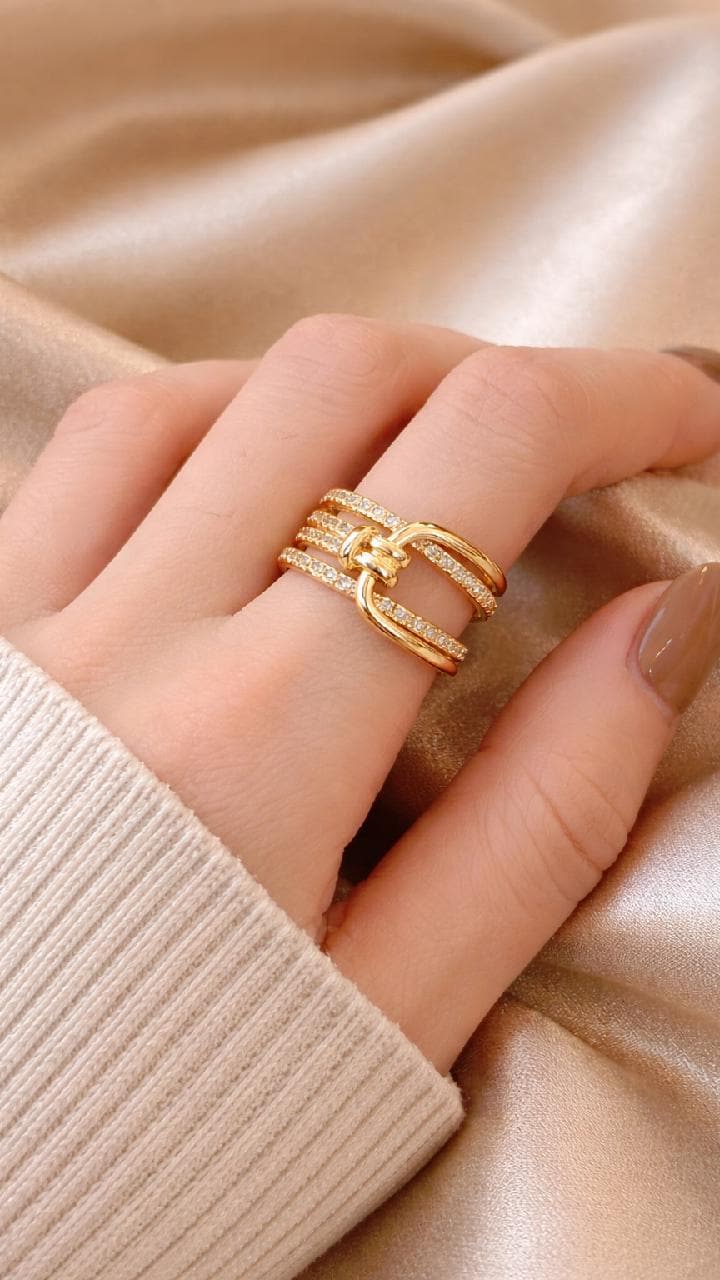 Gold Knot Ring, Multi-Layer Zircon Bands, Adjustable Statement Jewelry
