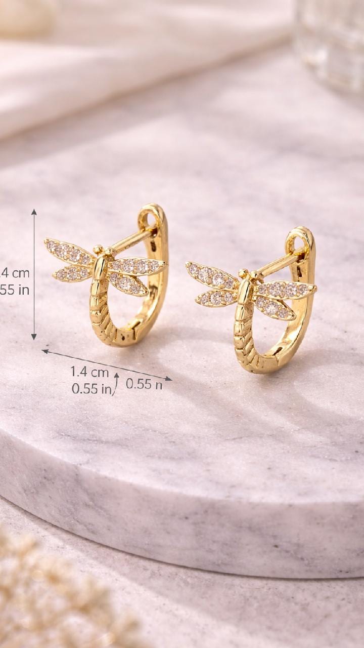 Gold Dragonfly Huggie Hoops, CZ Crystal Nature Earrings, Minimalist Women's Jewelry