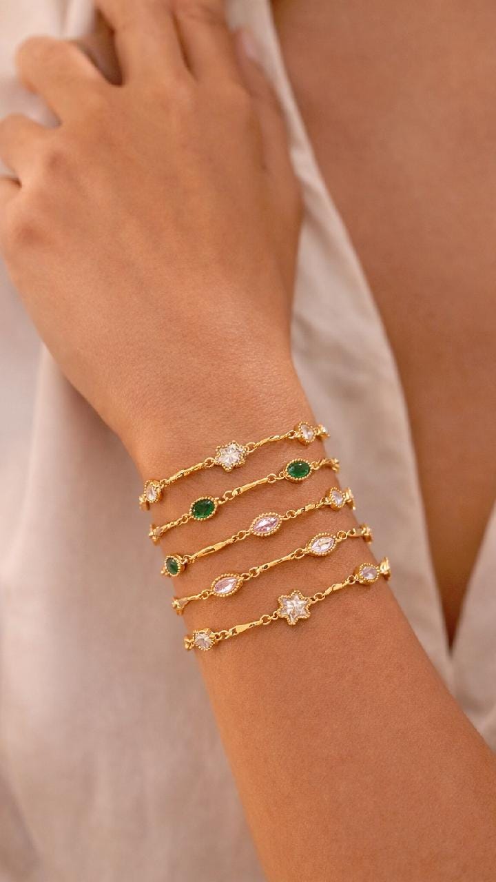 Gold Plated Charm Bracelet Set, Stainless Steel Dainty Chain, Color Gemstone Jewelry