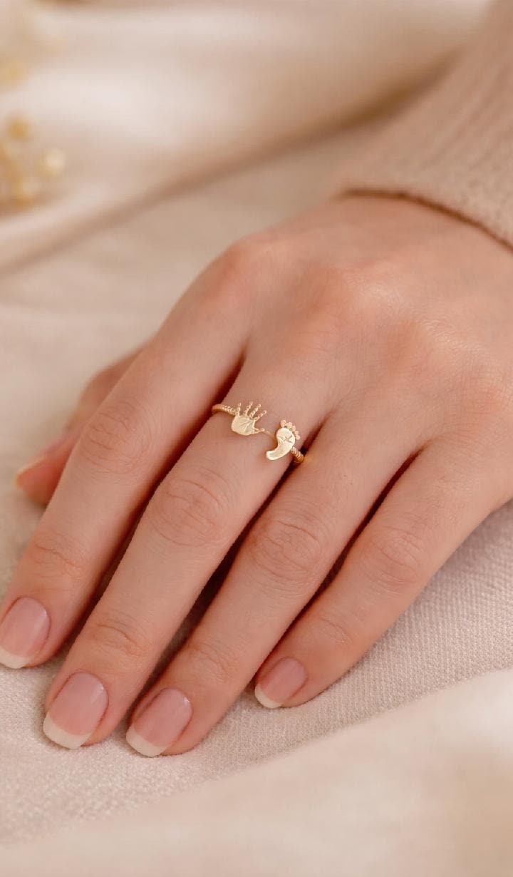Baby Hand Footprint Ring Gold, Adjustable Motherhood Keepsake Jewelry