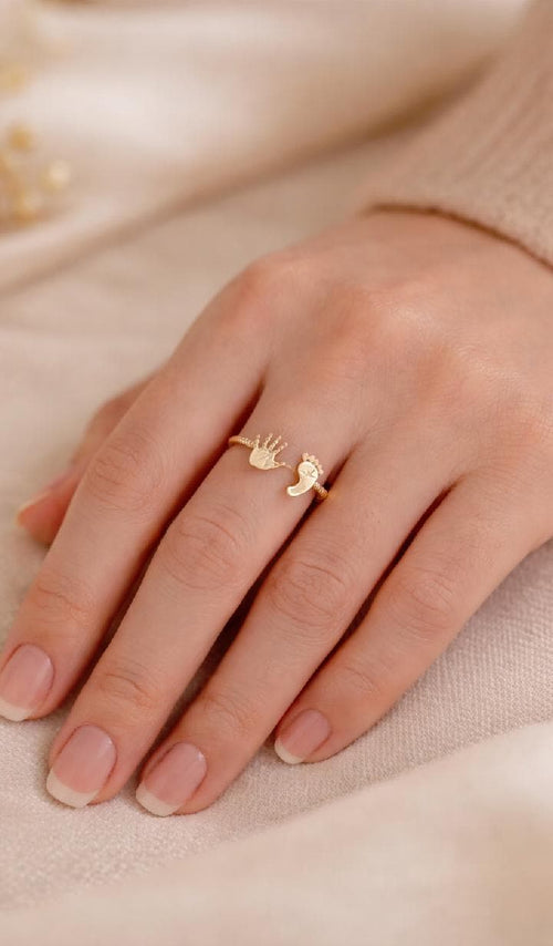 Baby Hand Footprint Ring Gold, Adjustable Motherhood Keepsake Jewelry