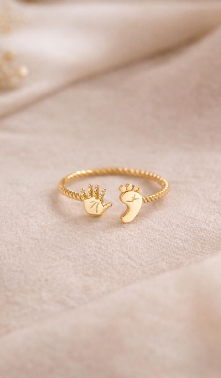 Baby Hand Footprint Ring Gold, Adjustable Motherhood Keepsake Jewelry