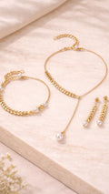Elegant Pearl Jewelry Set, Gold or Silver Wheat Chain Necklace Bracelet Earrings
