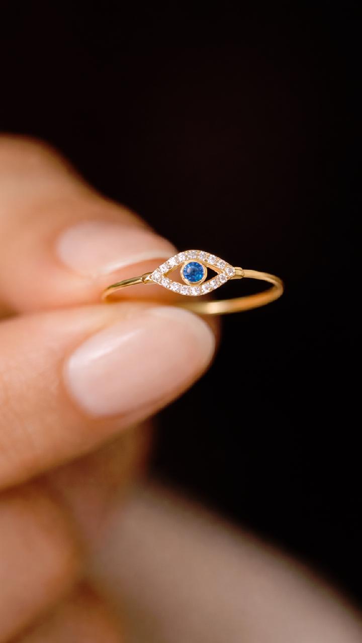 Gold Evil Eye Ring, Blue Crystal, 925 Sterling Silver, Adjustable Stacking Ring, Protection Jewelry