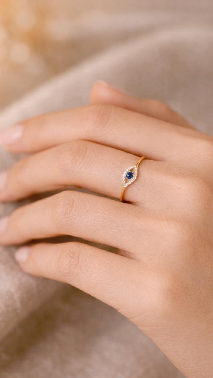 Gold Evil Eye Ring, Blue Crystal, 925 Sterling Silver, Adjustable Stacking Ring, Protection Jewelry