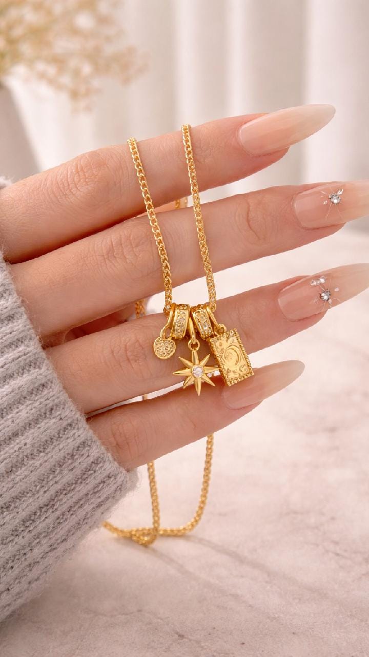 Gold Celestial Charm Necklace, Sun Moon Star Pendant, Vintage Layered Jewelry