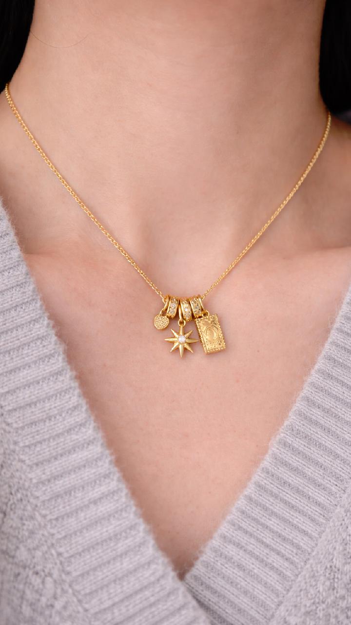 Gold Celestial Charm Necklace, Sun Moon Star Pendant, Vintage Layered Jewelry