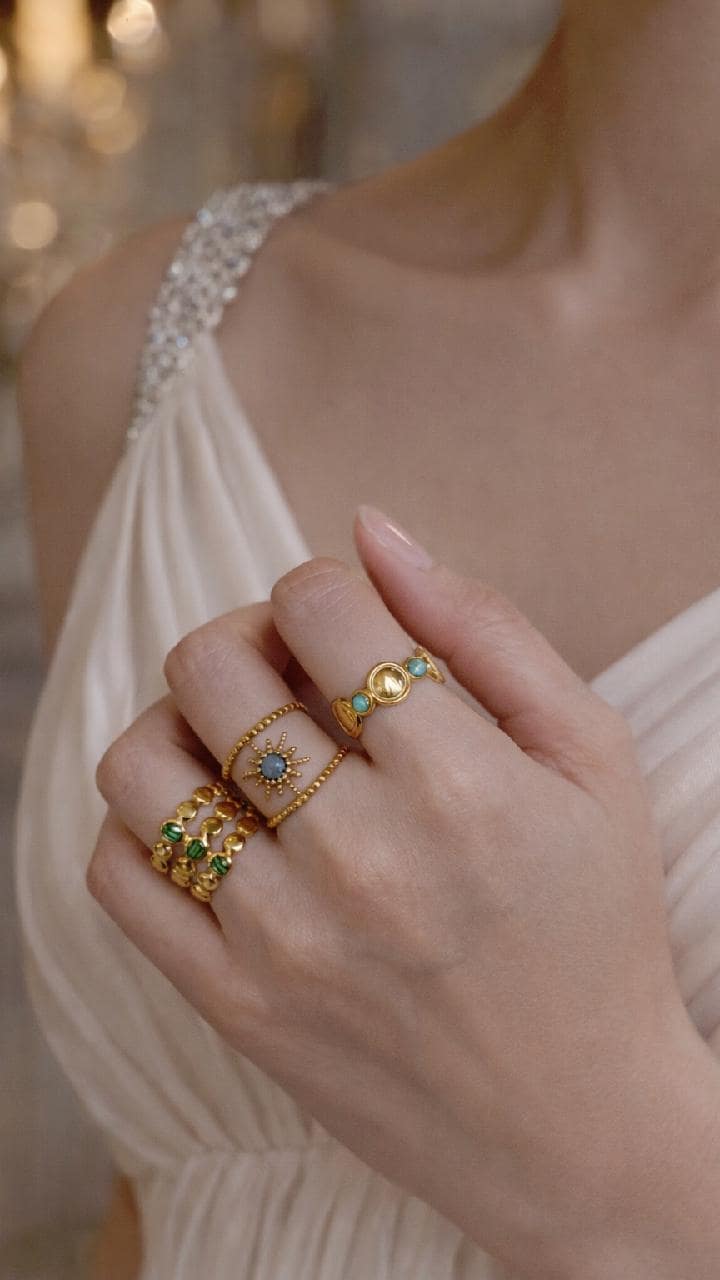 Gold Boho Celestial Ring Set, Sun Star Turquoise Green Stone Stackable Adjustable