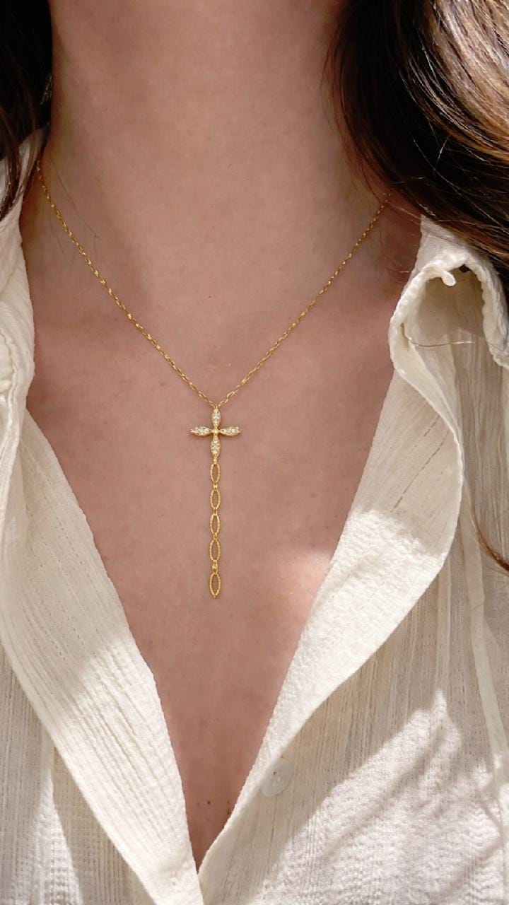 Layered Gold Necklace Set, Sun Medallion Lariat Cross, Minimalist Jewelry