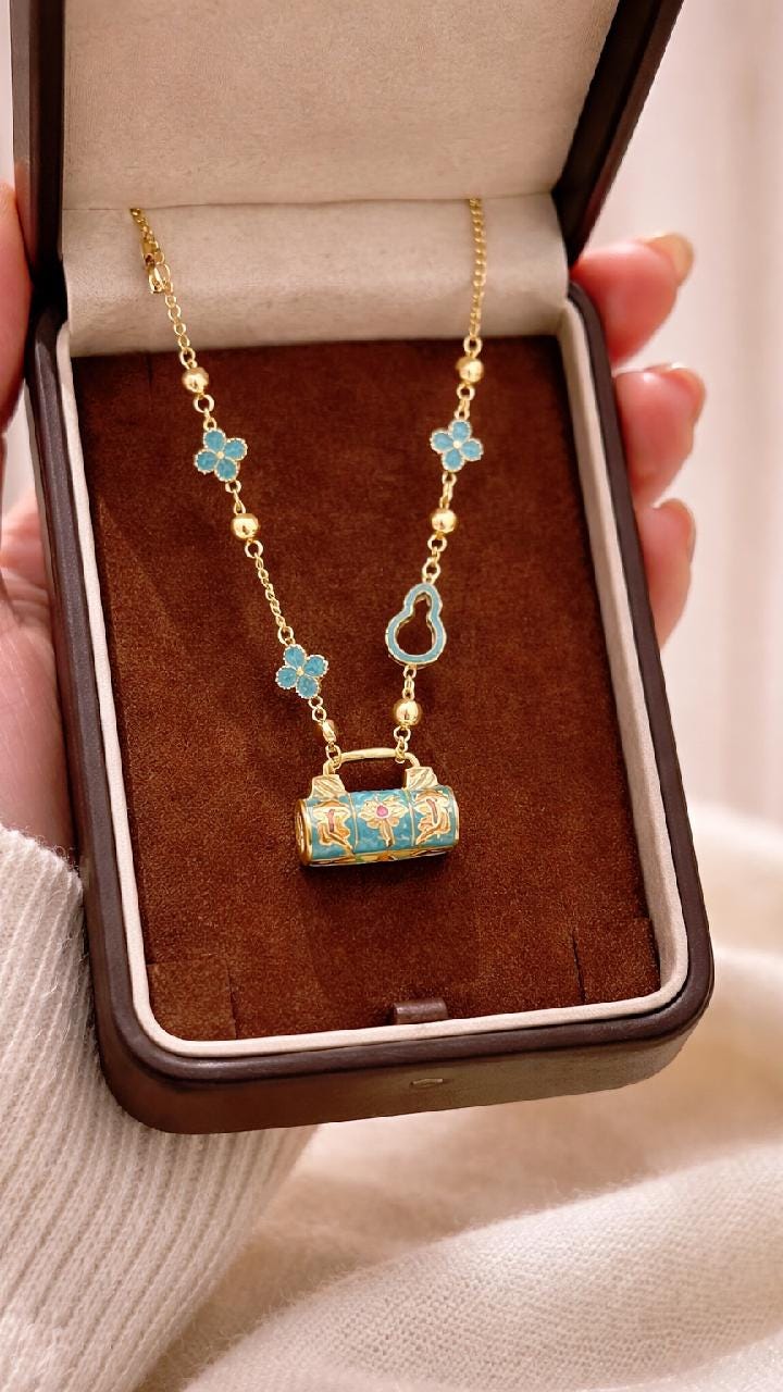 Vintage Chinese Enamel Lock Necklace | Gold Cloisonné Oriental Charm Pendant