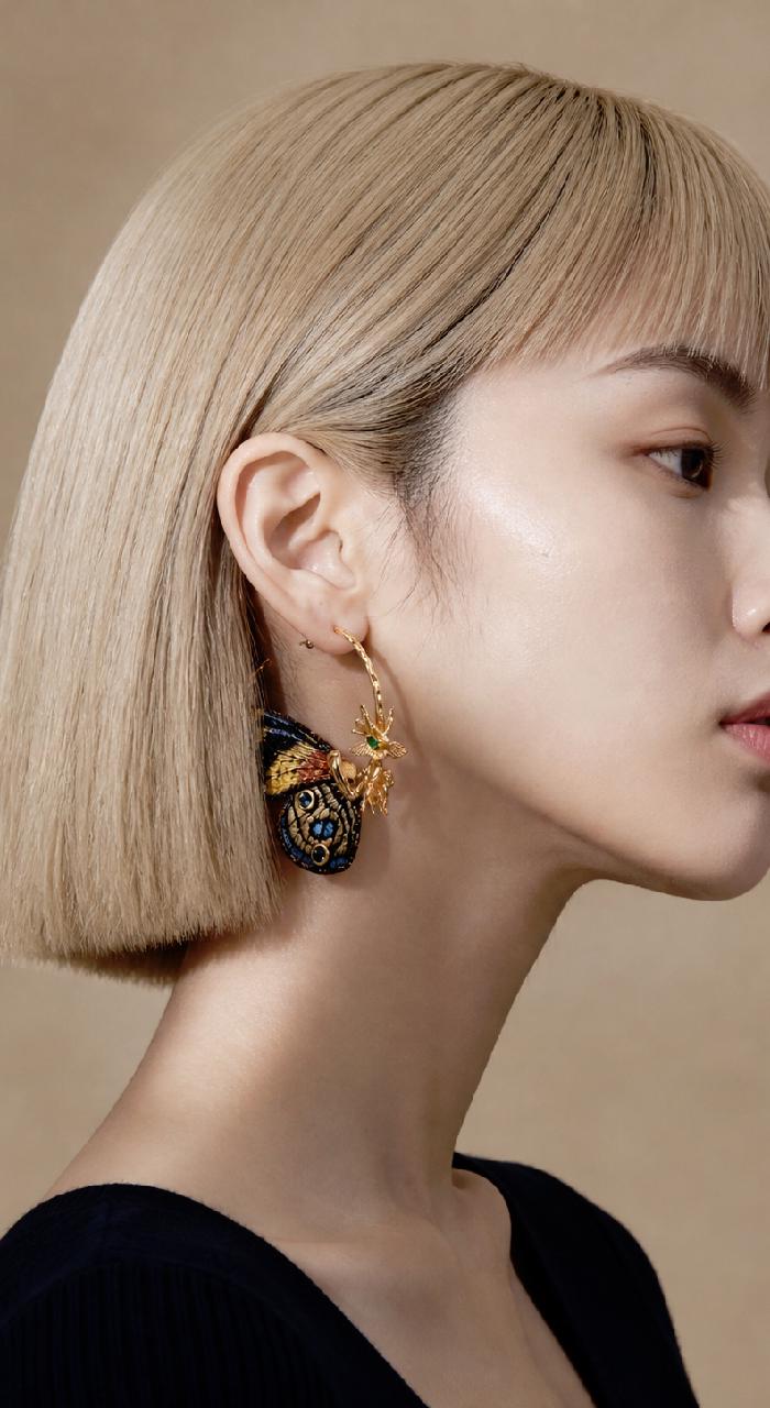Embroidered Butterfly Hoop Earrings, Gold Insect Statement Jewelry, Boho Vintage Nature Inspired